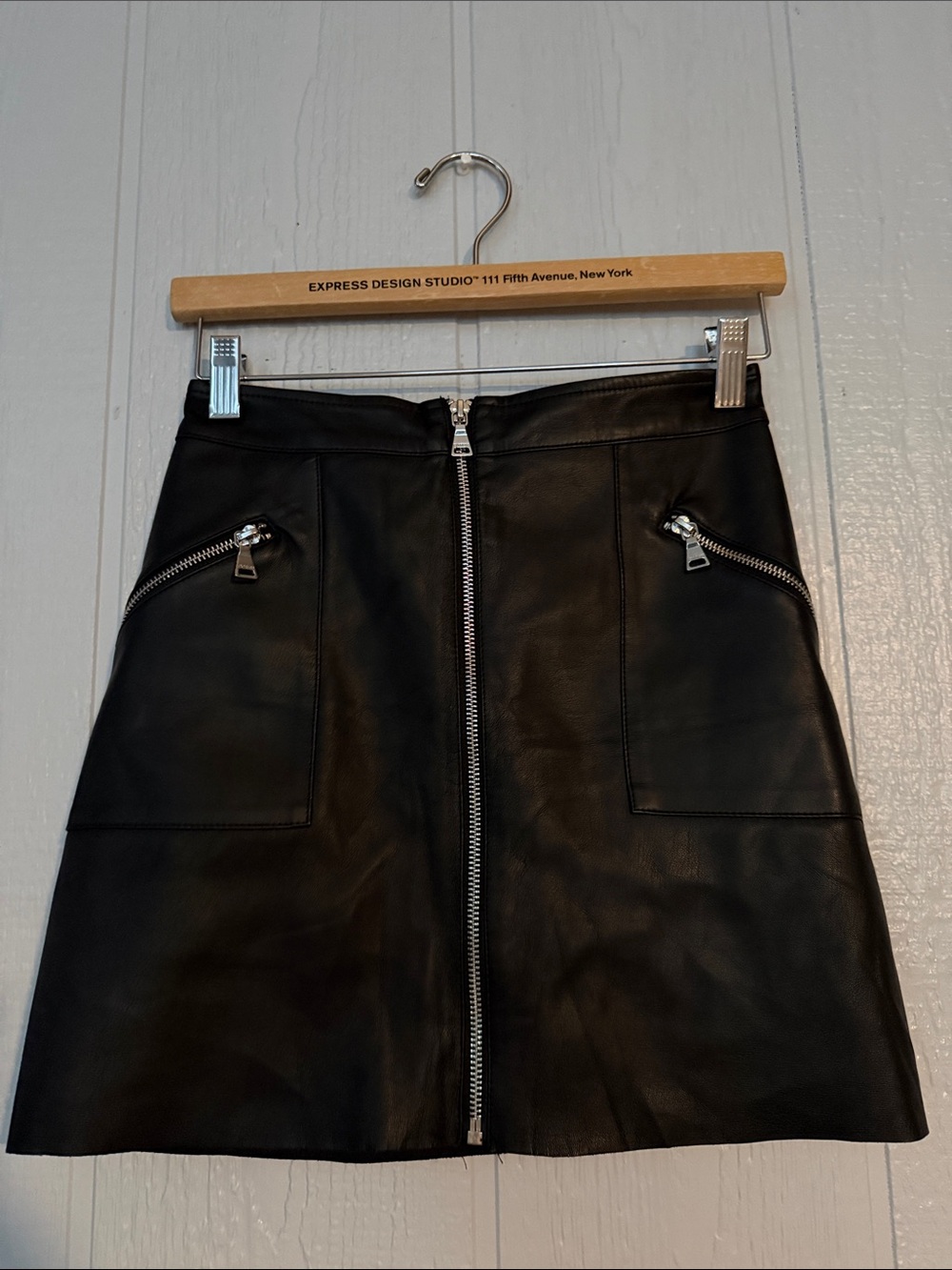 Express Black Faux Leather Front-Zip Mini Skirt